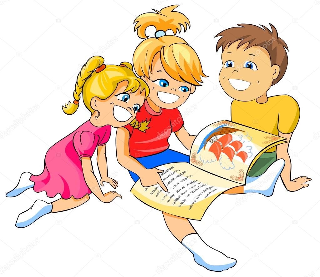 Children Reading Books Cartoon